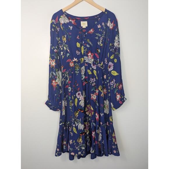 Maeve Anthropologie Floral Maplewood Long Sleeve Mini Dress in Blue Motif - Picture 2 of 10
